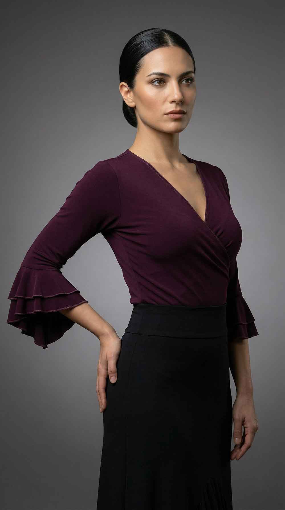 Top flamenco incrociato elasticizzato viola melanzana