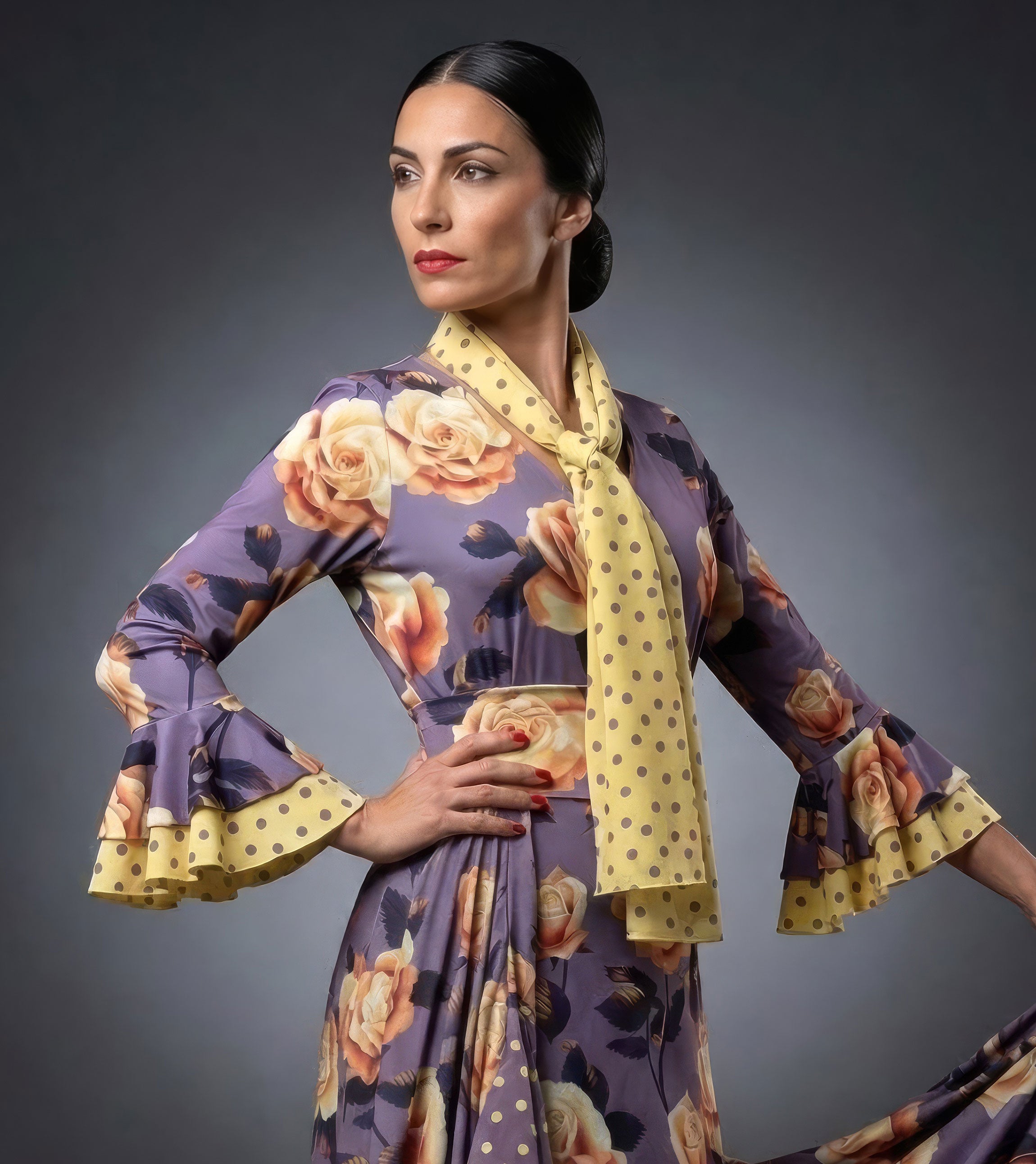 Panuelo flamenco giallo pois viola