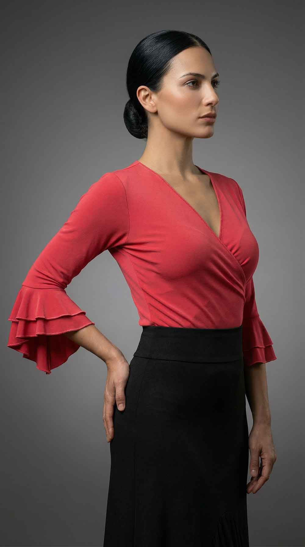 Top flamenco incrociato elasticizzato rosso corallo