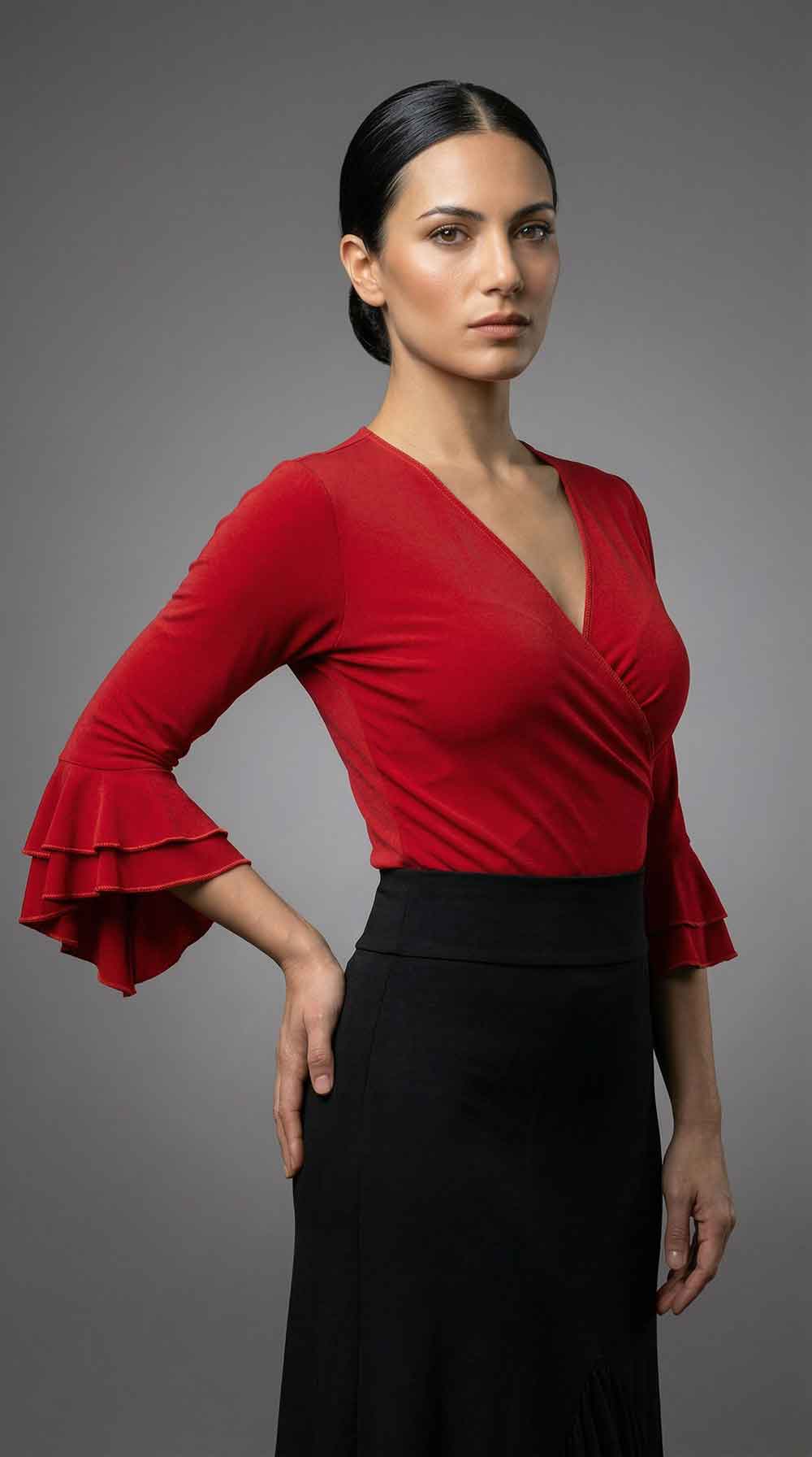 Top flamenco incrociato elasticizzato rosso