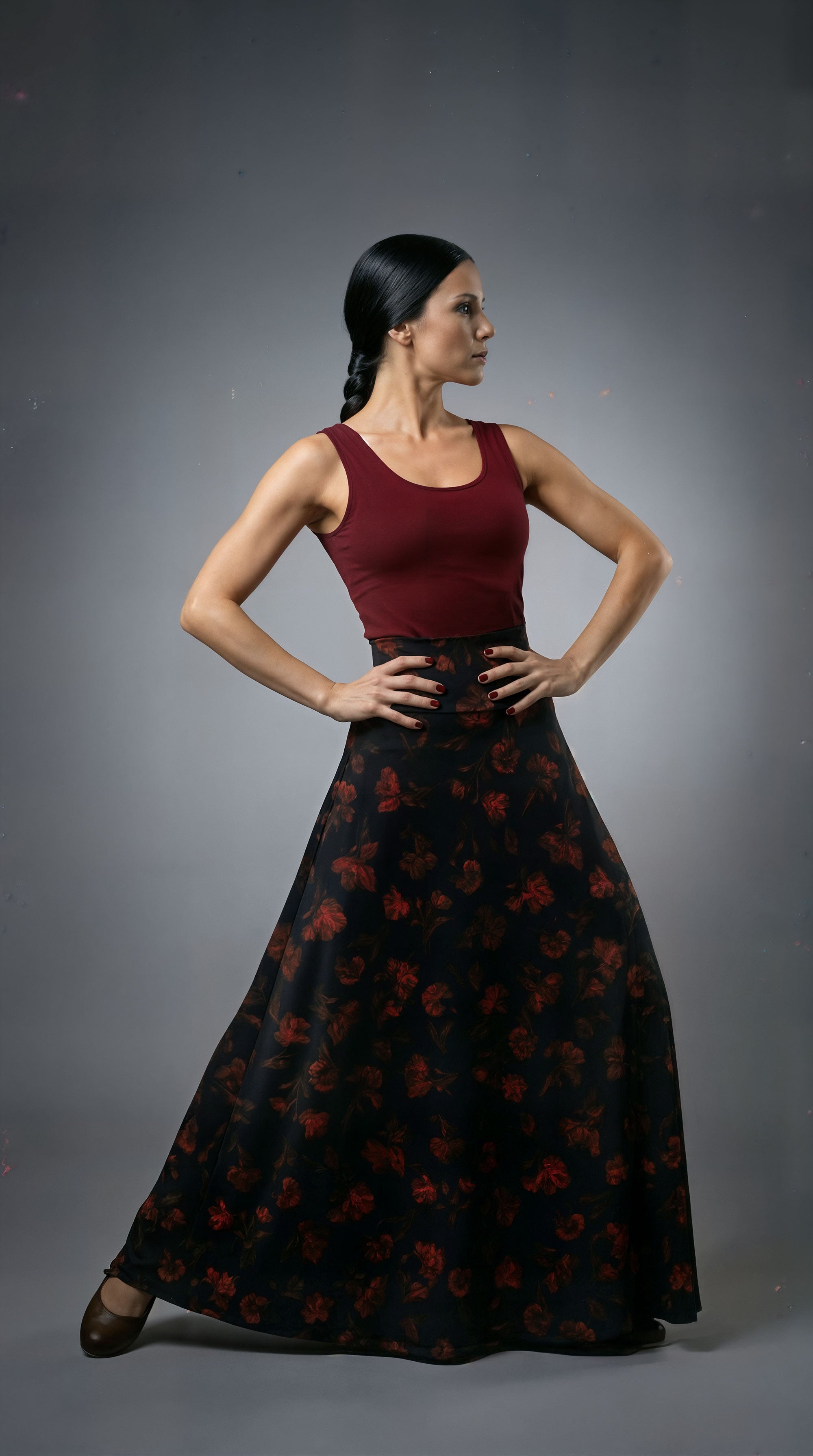 Gonna flamenco nera fiori rossi