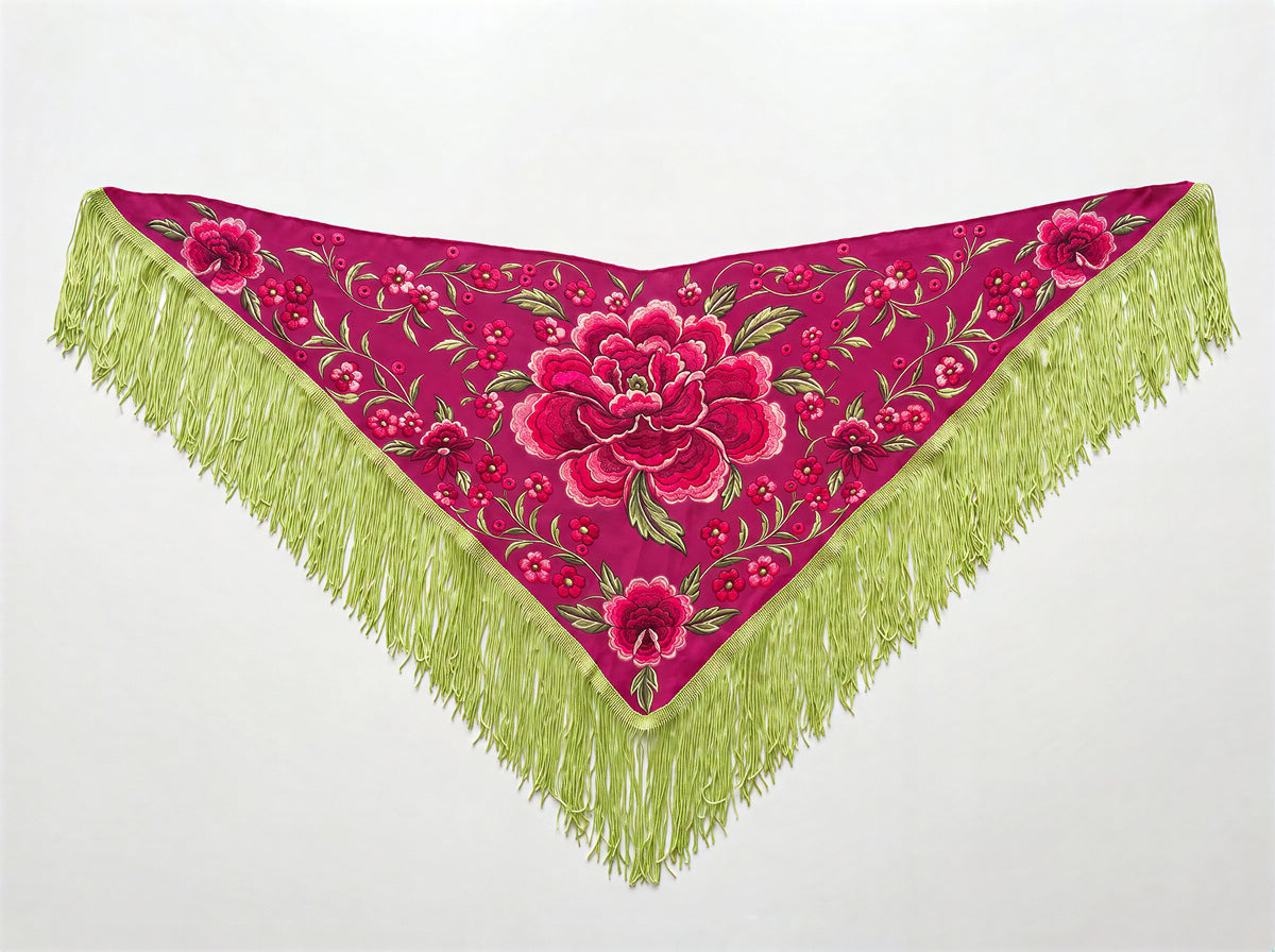 Mantoncillo stampato flamenco flecos 15 cm fucsia e pistacchio